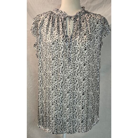 Tamara H. Tops - Tamara H Womens Blouse Flutter Sleeve Ruffle Neck Black Gold White Floral 1X
